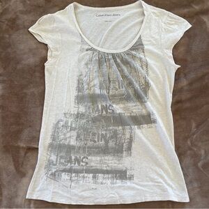 Calvin Klein Jeans Women's White Graphic Tee Marled Cotton Gathered Size L